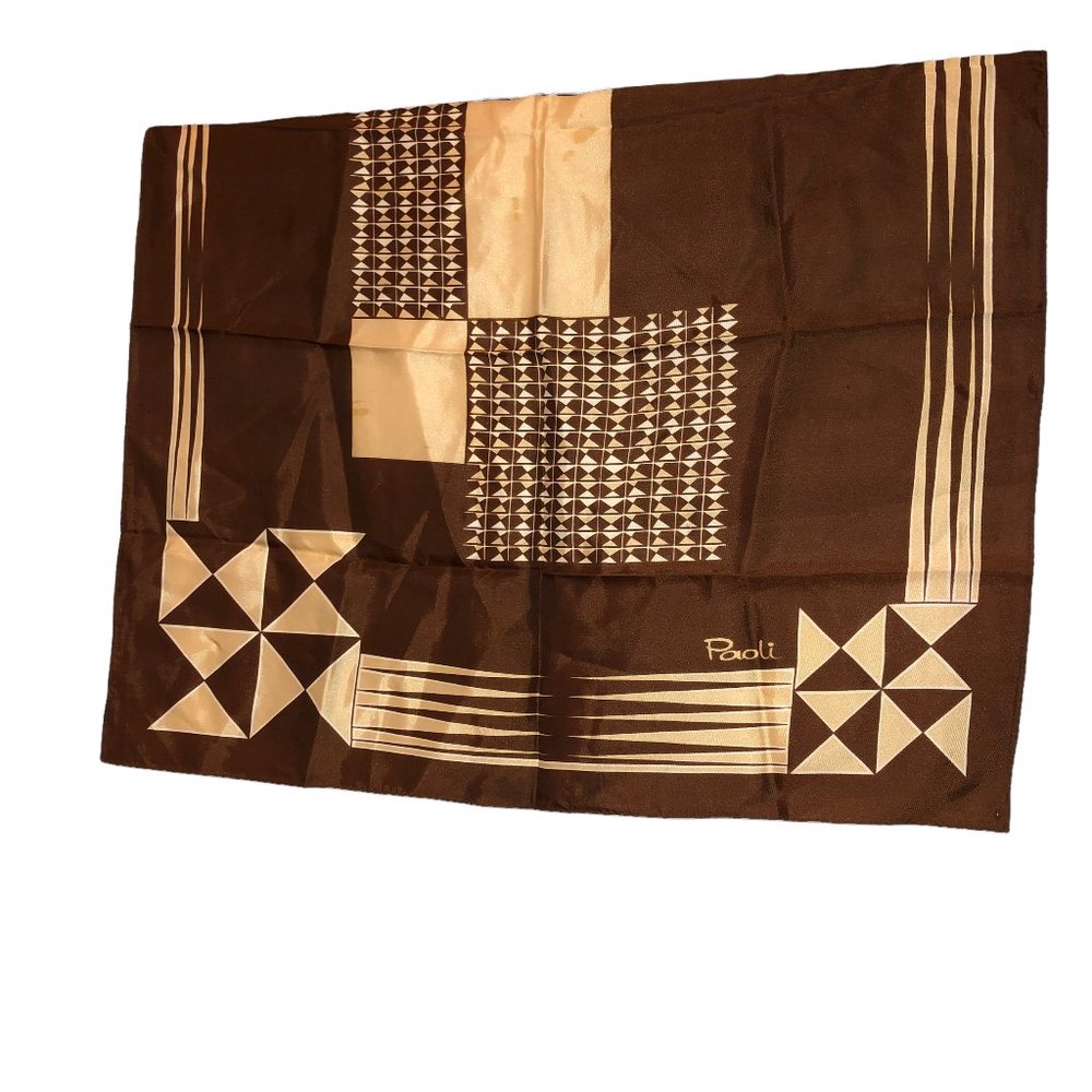 Paoli Vintage 1970s  Italian brown tan graphic print scarf 23" sq